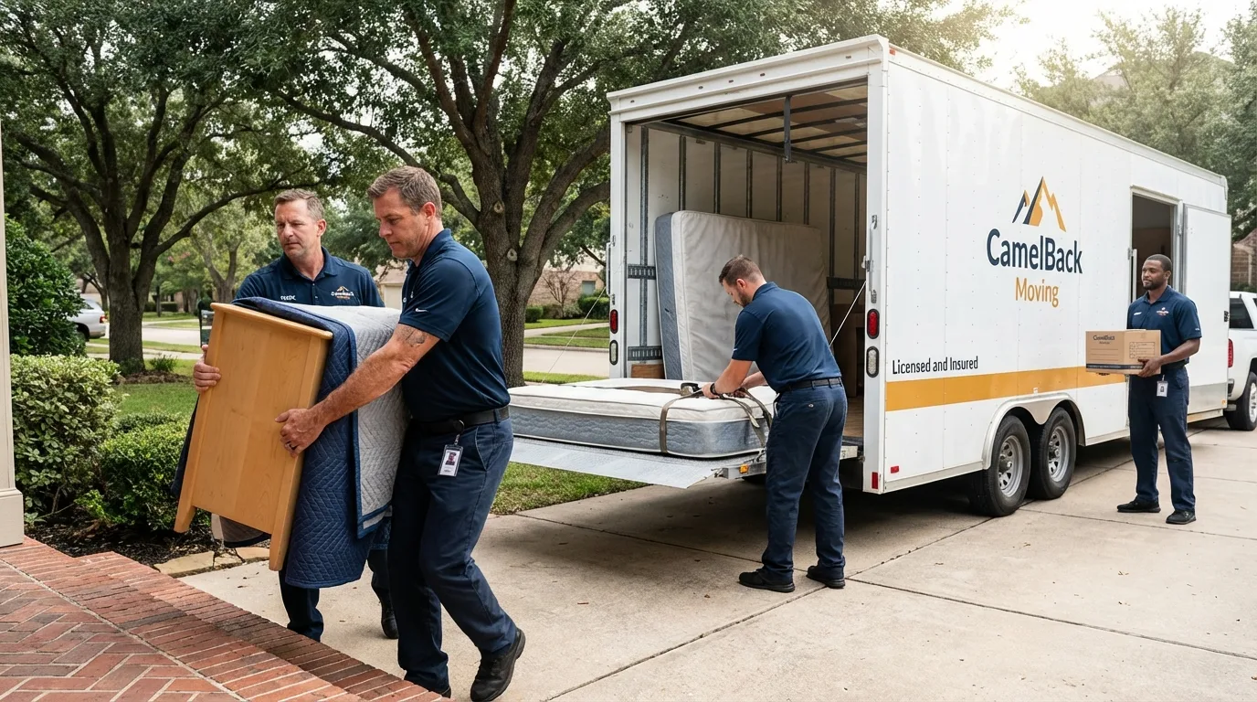Crew loading residential truck for cross-state move from Wimberley, TX