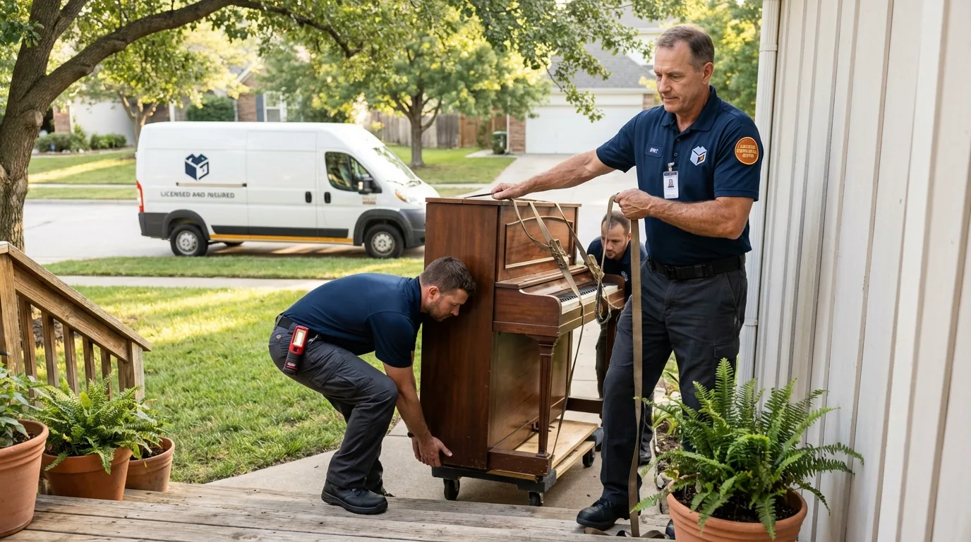 Licensed piano movers securing grand piano in Wimberley, TX