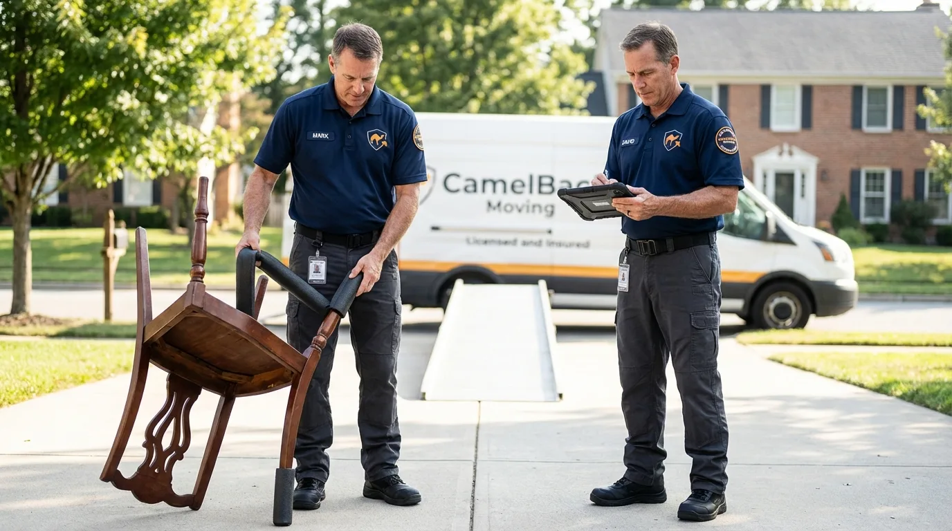 Movers inspecting furniture for damage prevention before loading in Wimberley, TX